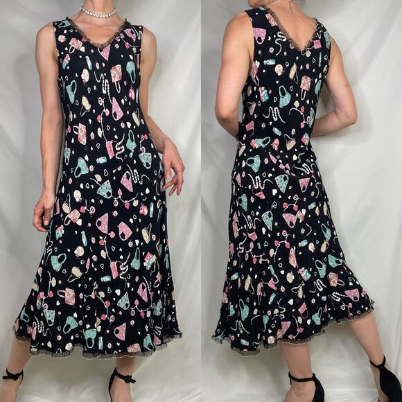 Vintage 90s Y2K handbag heart print midi slip dress ruffle trim bias cut fairy L - Picture 12 of 14